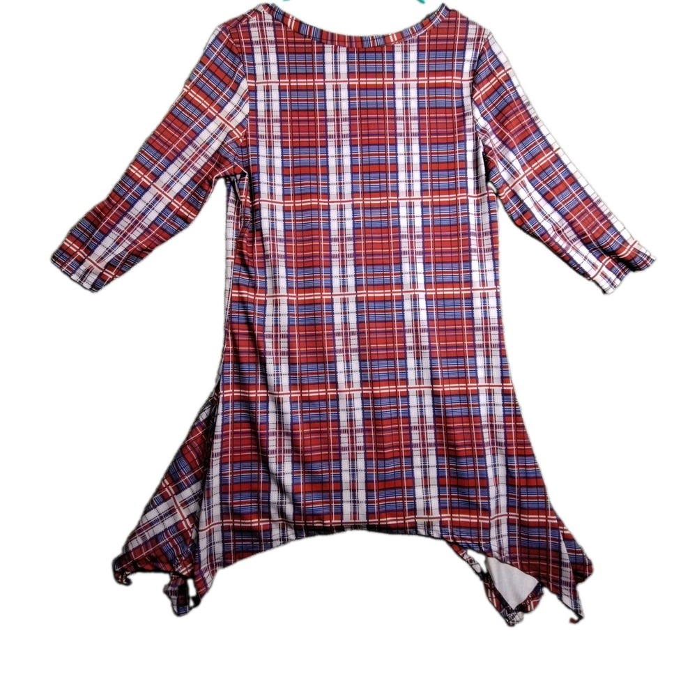 Lily by Firmiana Plaid Tunic Dress Handkerchief Hem 3/4 Sleeve Red Blue Small